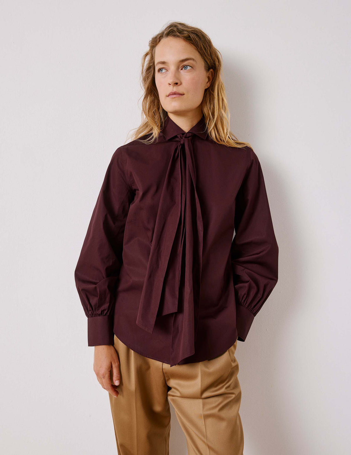 Chemise Pétula col lavalière amovible bordeaux - Popeline - Col Lavallière
