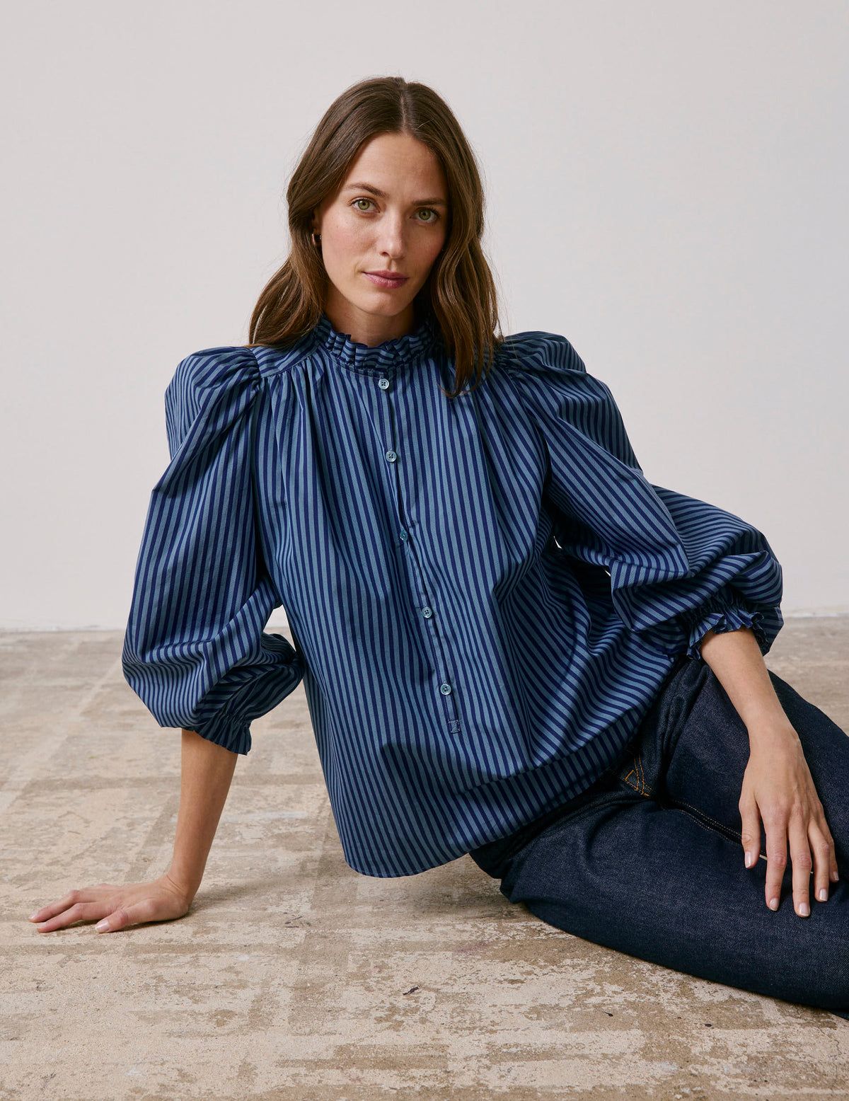 Blouse Phillie rayée bleue - Popeline - Col Victorien
