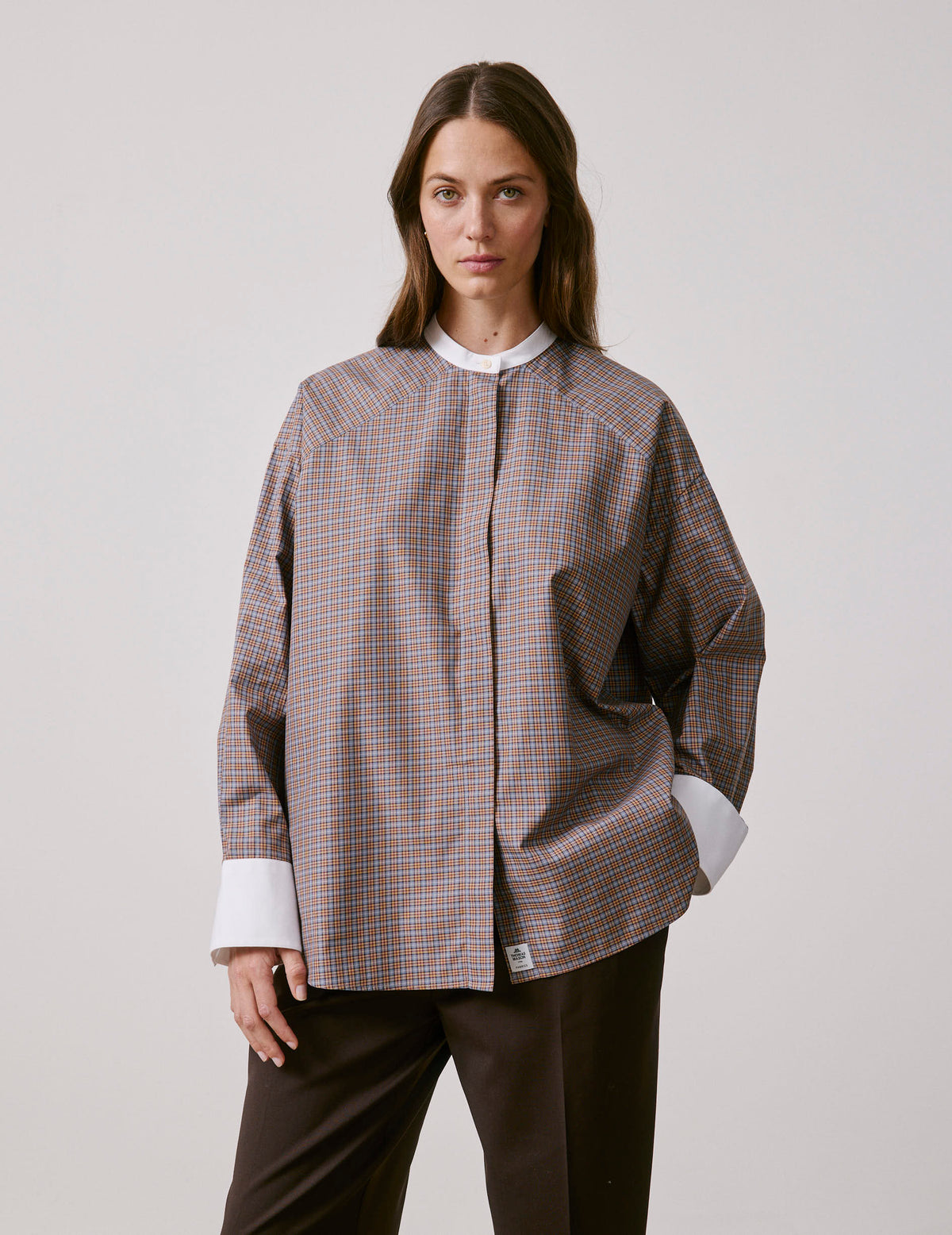 Chemise oversize Pia à carreaux marrons - Popeline - Col Officier
