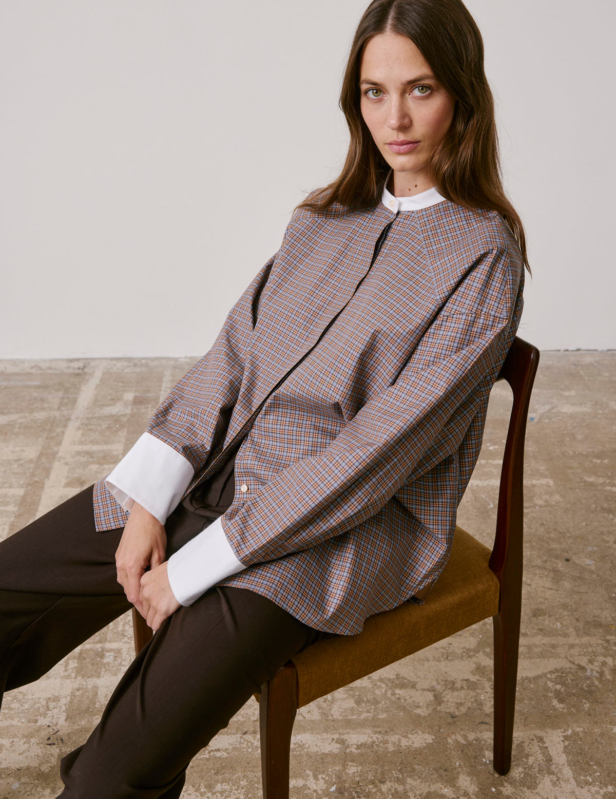Chemise oversize Pia à carreaux marrons - Popeline - Col Officier#2