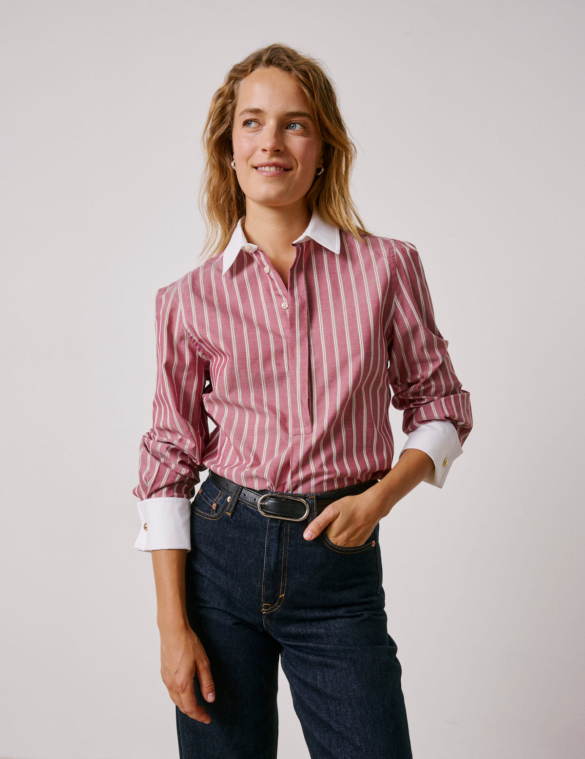 Blouse popover Poppy rayée rouge - Popeline - Col Chemise - Poignets Mousquetaires#3