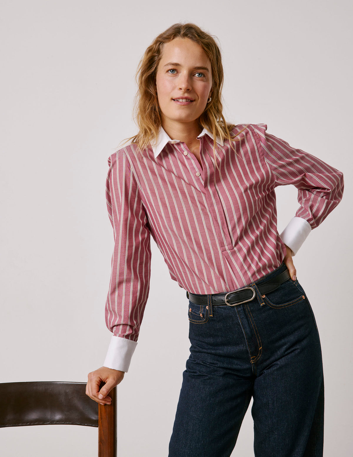 Blouse popover Poppy rayée rouge - Popeline - Col Chemise - Poignets Mousquetaires