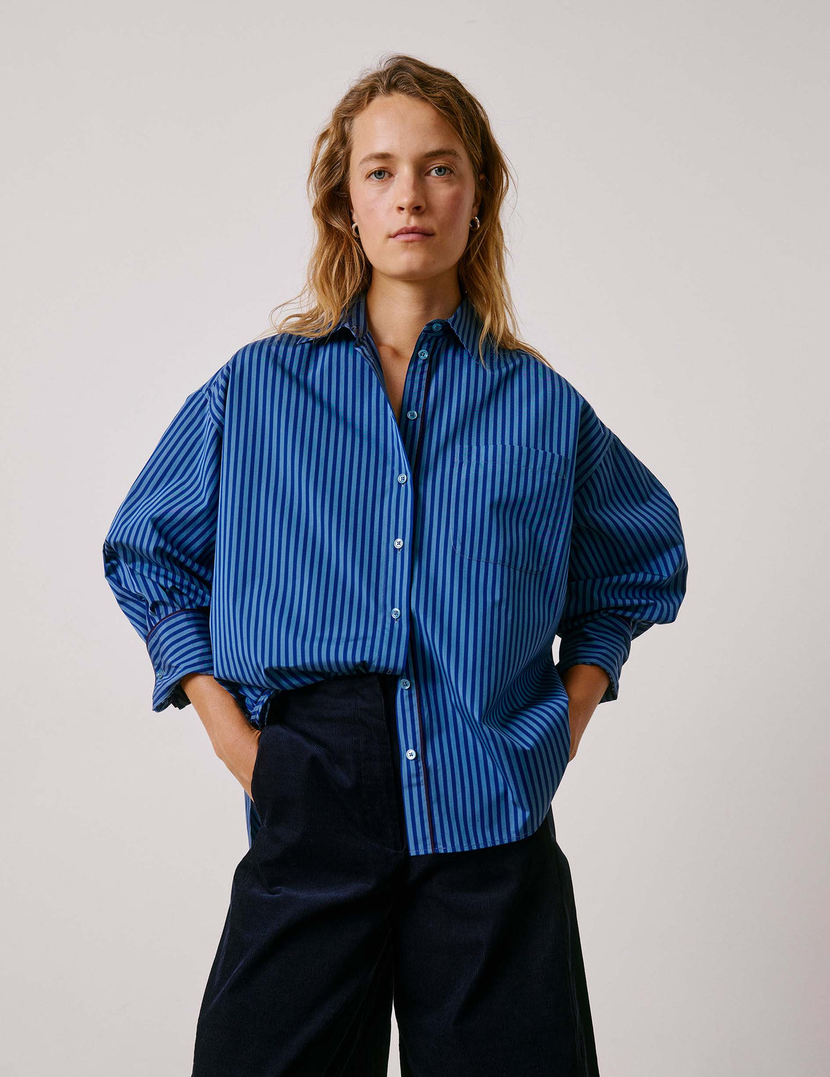 Chemise oversize Soffy rayée bleue - Popeline - Col Chemise