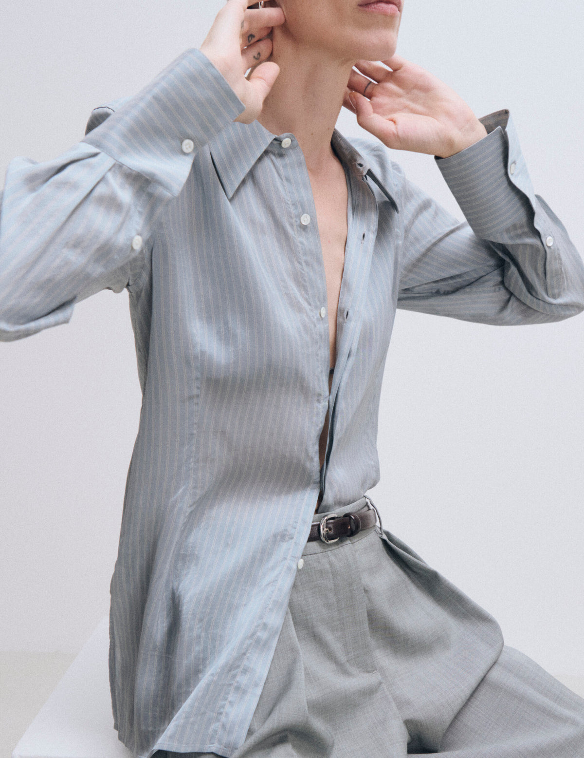 Chemise Pétale bleu rayée - Crêpe - Col Long#5