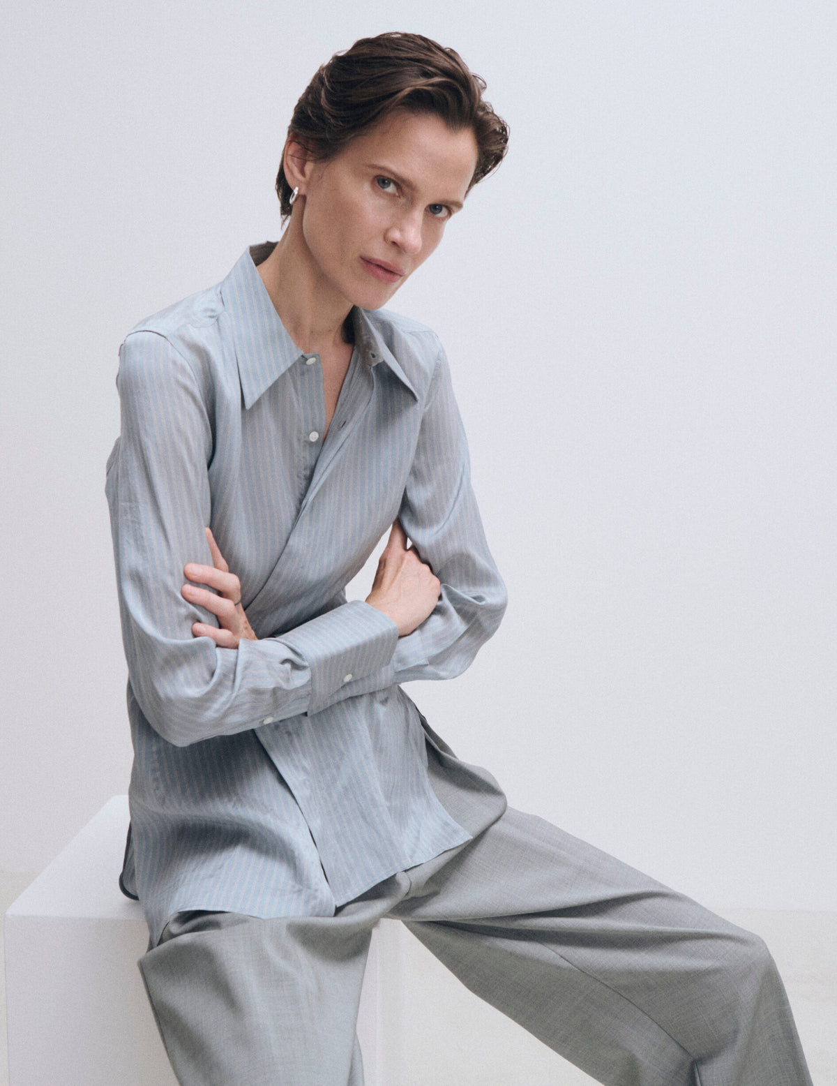 Chemise Pétale bleu rayée - Crêpe - Col Long#6