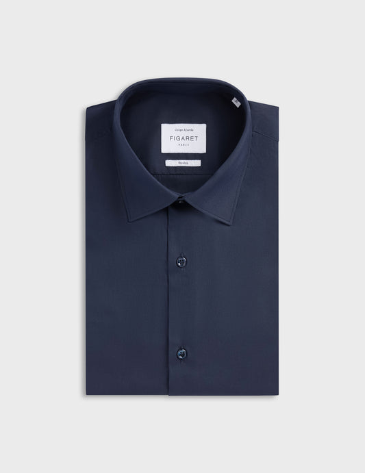 Navy stretch fitted shirt - Poplin - Figaret Collar