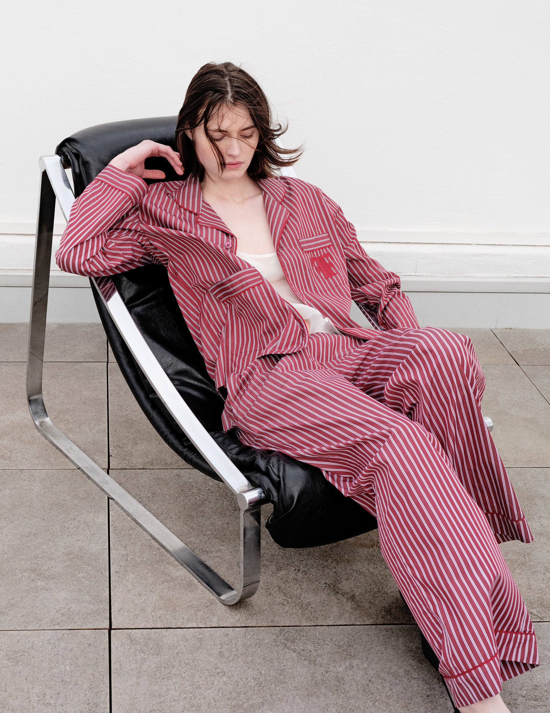 Striped burgundy Nocturne pajama top - Poplin - Pyjamas Collar
