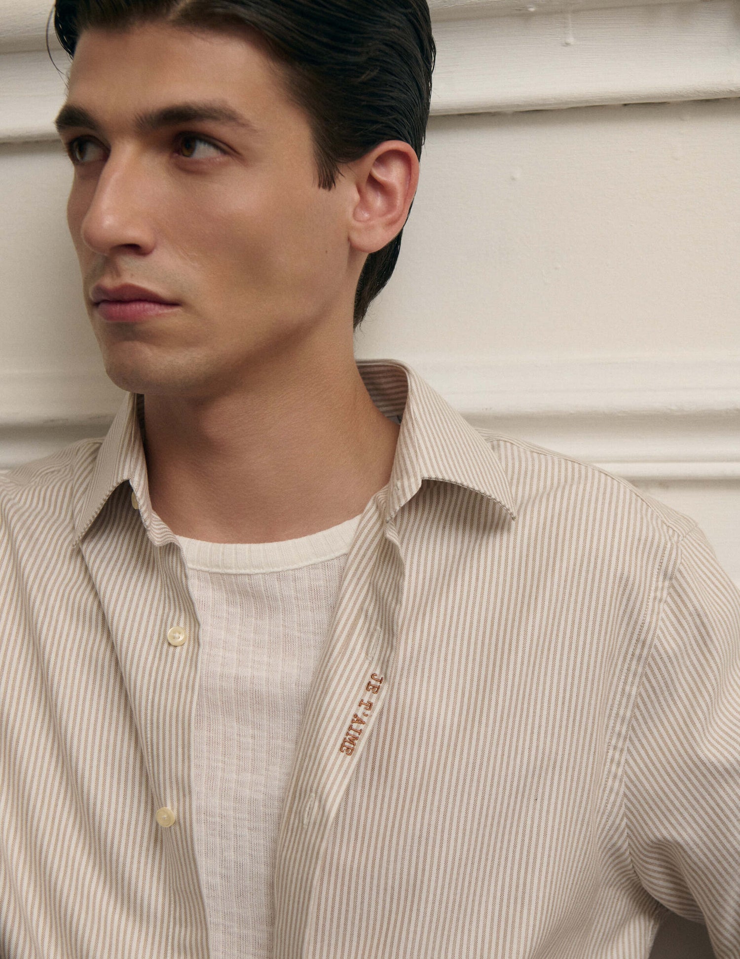 Chemise mixte "Je t'aime" rayée beige - Coton - Col Figaret
