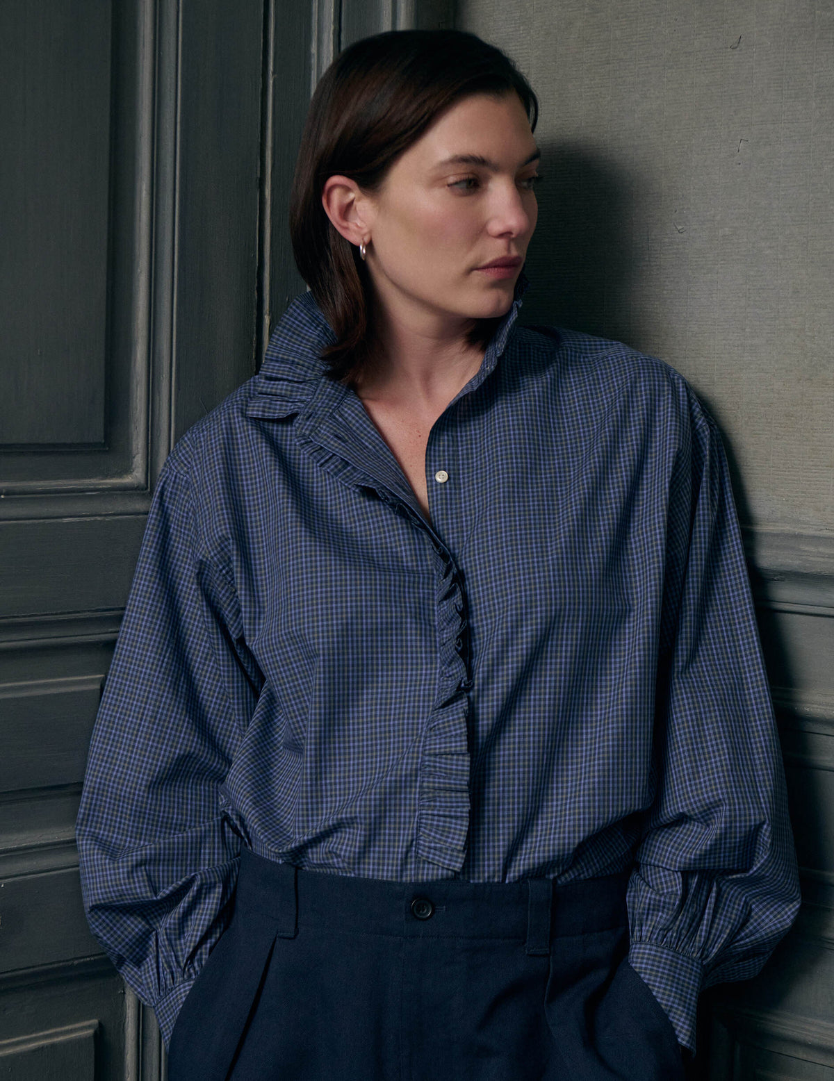 Chemise Greta à carreaux bleus - Popeline - Col Victorien#4