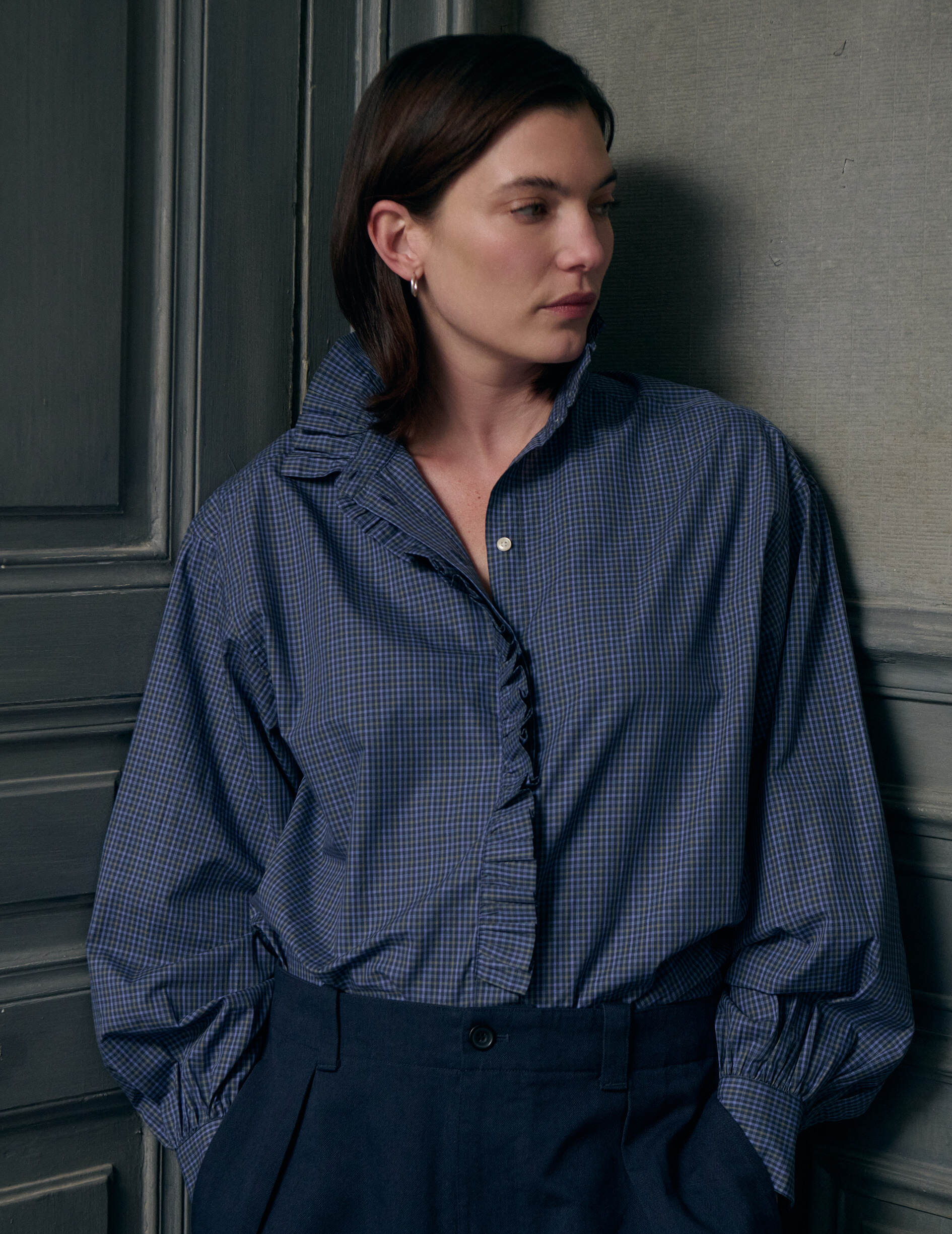 Chemise Greta à carreaux bleus - Popeline - Col Victorien