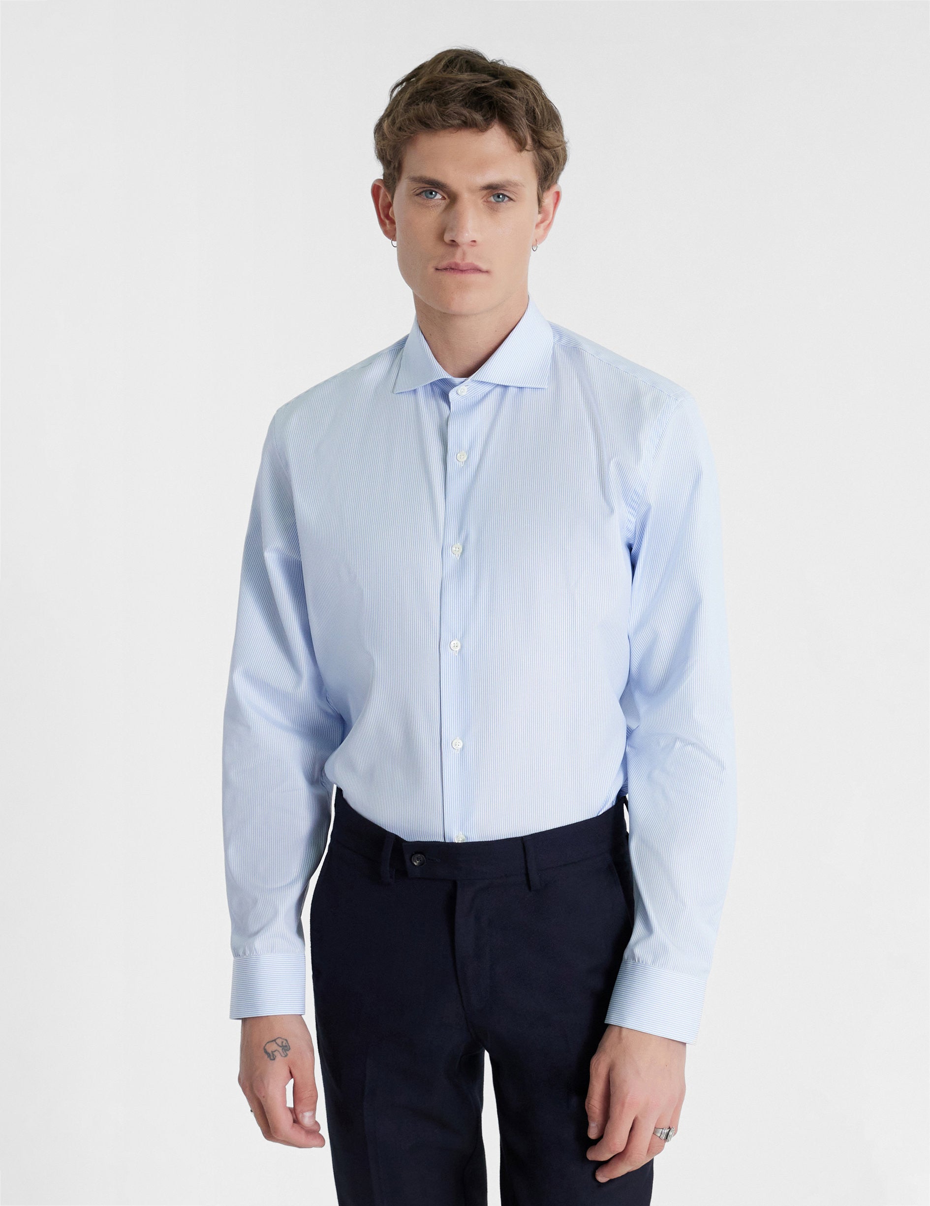 Semi-fitted striped blue shirt - Poplin - Italian Collar