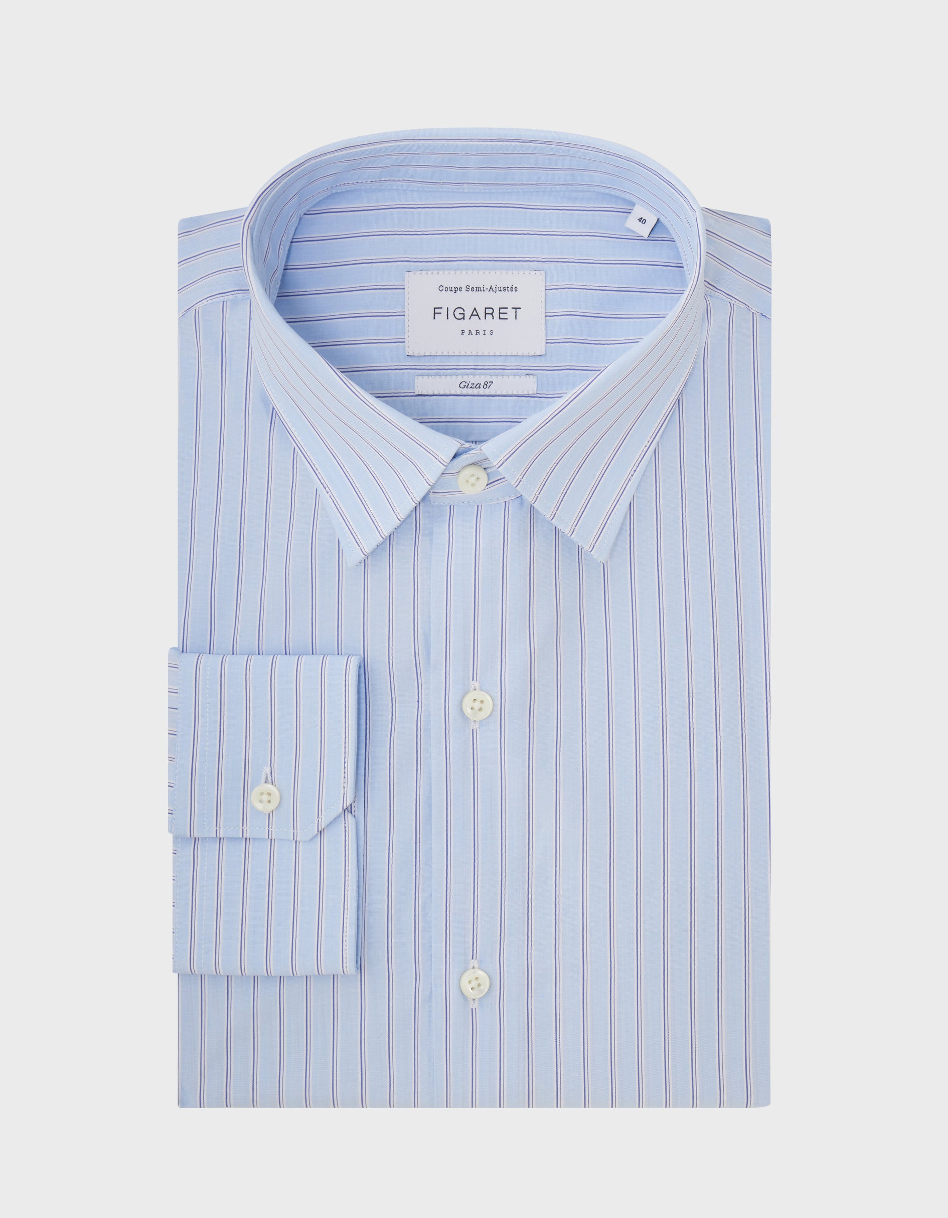 Semi-fitted Prestige blue striped shirt - Fil-à-fil - Figaret Collar