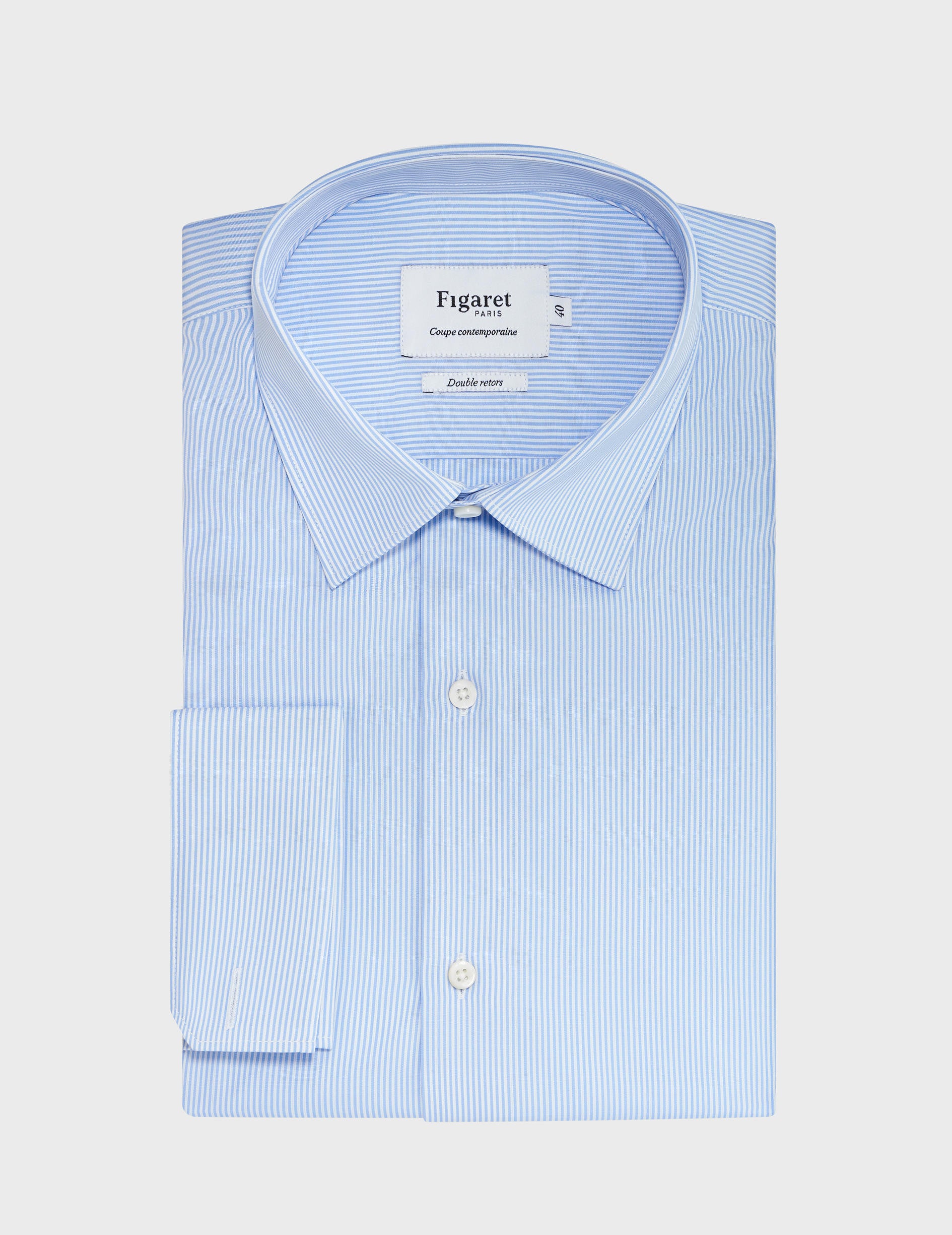 Chemise Semi-ajustée rayée bleue - Popeline - Col Figaret - Poignets Mousquetaires