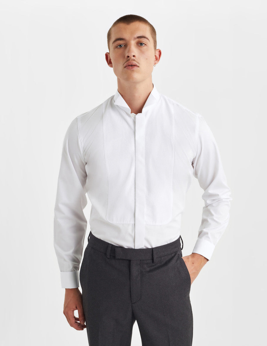 Semi-fitted white hidden throat shirt - Poplin - Wing Collar - French Cuffs